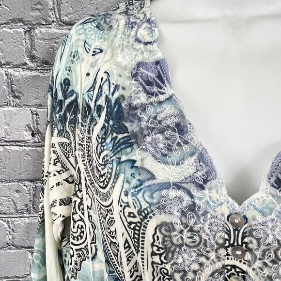 One World Womens V-Neck Lace Trim Tunic Top PXL Blue & Cream Paisley - Picture 6 of 10